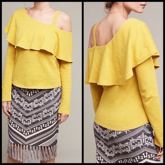 ANTHROPOLOGIE Asymmetrical Ruffle Top Gold NWT S - Picture 1 of 8
